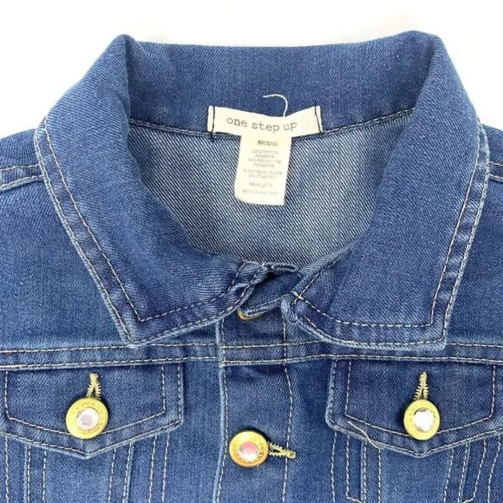 One Step Up Blue Denim Jacket with Rhineston Buttons Cotton Blend Girls Size 5/6